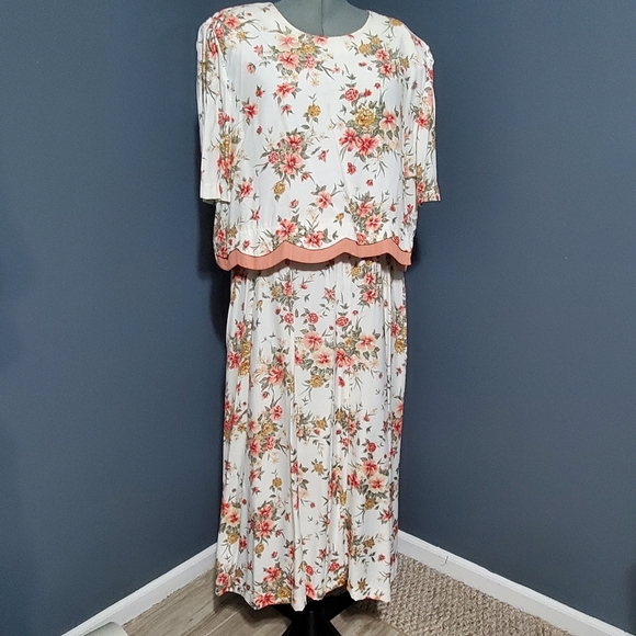Vintage Halmode Plus Floral Church Dress Cream Pink Flowers Maxi Length Size 24W - Picture 1 of 7